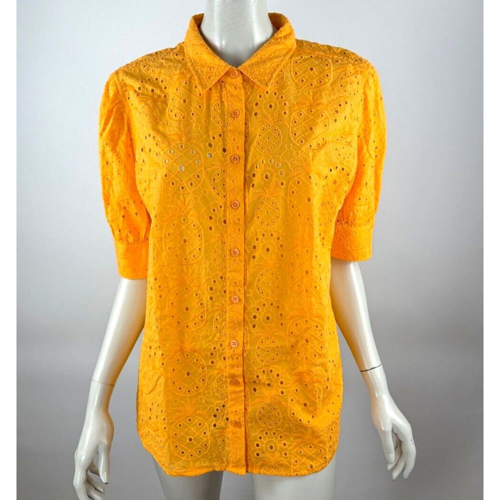 Chicos Pineapple Eyelet Shirt Women 2.5 US 14 NWT Button-up Short Sleeve Cotton